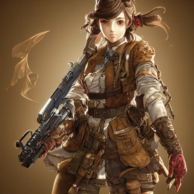 Image similar to the portrait of lawful neutral semi - colorful female infantry gunner as absurdly beautiful, gorgeous, elegant, young anime girl, an ultrafine hyperdetailed illustration by kim jung gi, irakli nadar, intricate linework, bright colors, octopath traveler, final fantasy, unreal engine 5 highly rendered, global illumination, radiant light, detailed and intricate environment