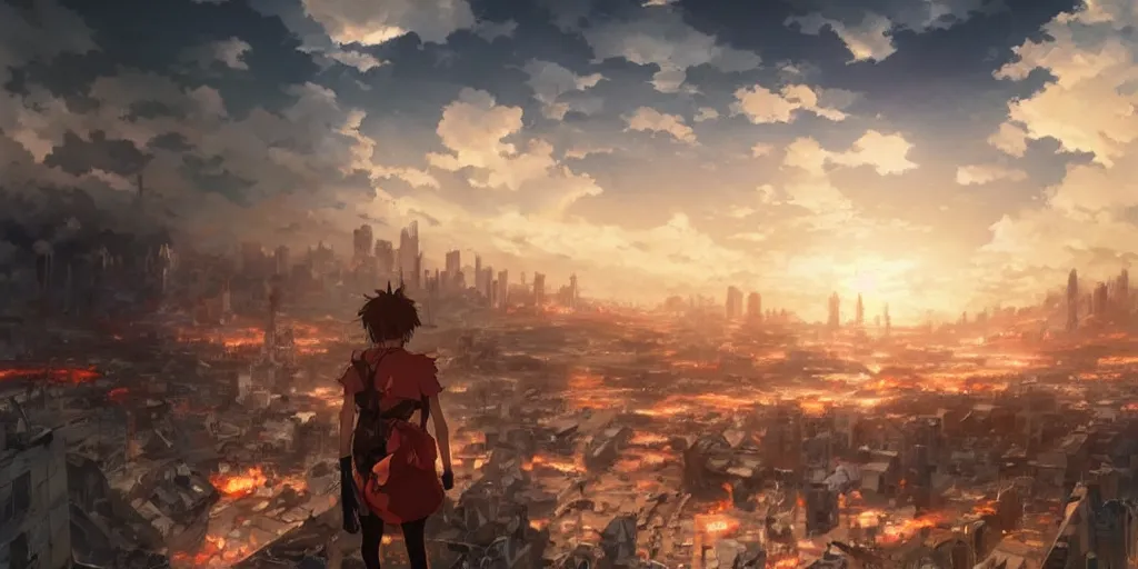 Image similar to anime character in front of an apocalyptic city and the clouds are burning, hyperrealistic, trending on pixiv fanbox, painted by greg rutkowski makoto shinkai takashi takeuchi studio ghibli, akihiko yoshida