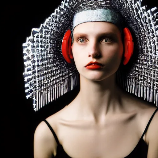 Prompt: 1990s fashion portrait of a young Caucasian woman wearing a cyberpunk headdress designed by Raf Simons, professional studio photography, dramatic light