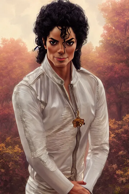 Image similar to male cottagecore michael jackson portrait with nature as background, intricate, swagger, highly detailed, digital painting, artstation, concept art, smooth, sharp, focus, illustration, art by artgerm and greg rutkowski and alphonse mucha