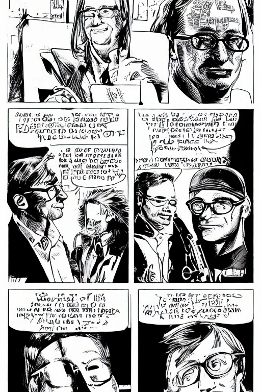 Prompt: bill gates presenting the microsoft xbox at ces 2 0 0 1, a page from cyberpunk 2 0 2 0, style of paolo parente, style of mike jackson, adam smasher, johnny silverhand, 1 9 9 0 s comic book style, white background, ink drawing, black and white