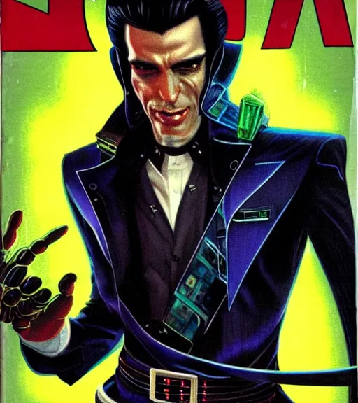 Image similar to a cyberpunk very ugly mafia boss in a suit with slicked back black hair played by ryan renolds as an elf, 1 9 7 9 omni magazine cover, style by vincent di fate, artgerm, very coherent, detailed, 4 k resolution, bright, unreal engine, daz