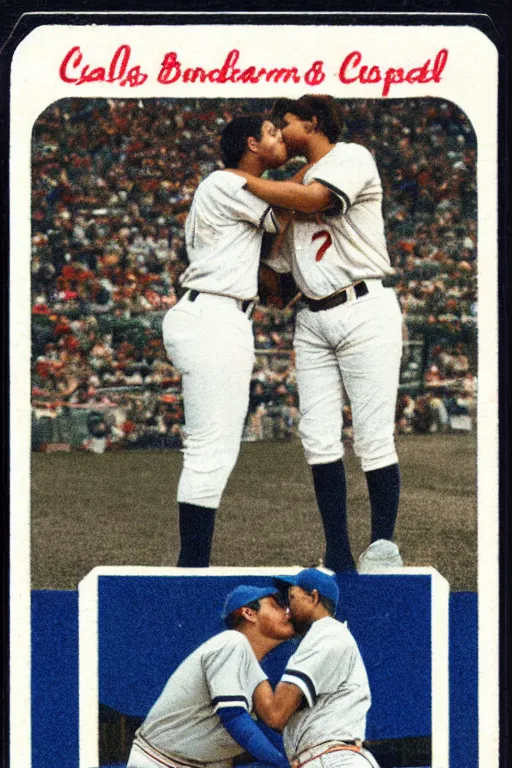 Prompt: baseball card of two players kissing