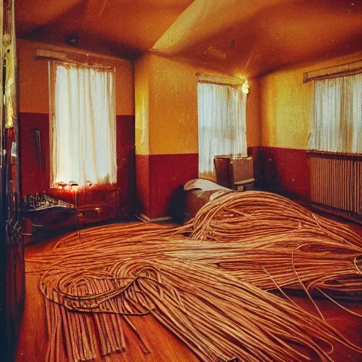 Image similar to why is my bedroom full of spaghetti?,