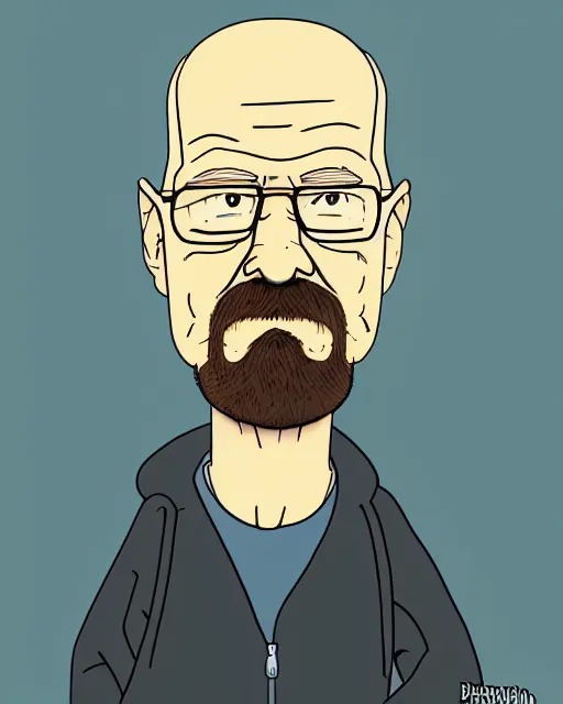 Image similar to portrait of walter white in the style of justin roiland. heisenberg from breaking bad. cinematic lighting. style of rick & morty. photographic, photography. by justin roiland