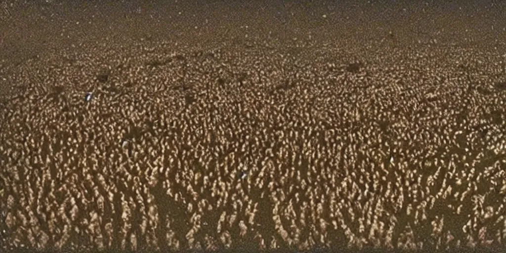 Prompt: A group of Ophanim with thousands of eyes covering their wheels hovers over a group of shepherds in a field, Theophanes, VHS screenshot, grainy, blurry, photo realistic, viral