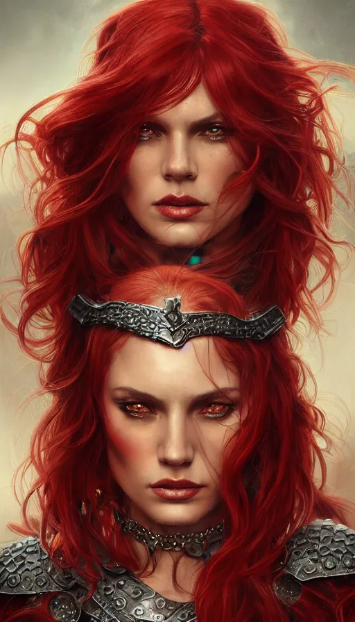 Image similar to portrait of elegant Red Sonja, dark and ethereal, expressive pose, flaxible, angry expression, chainmail, fantasy, intricate, dark desert background, dune high fashion, fantasy, intricate highly detailed, digital painting, artstation, concept art, smooth, sharp focus, illustration, art by artgerm and greg rutkowski and alphonse mucha