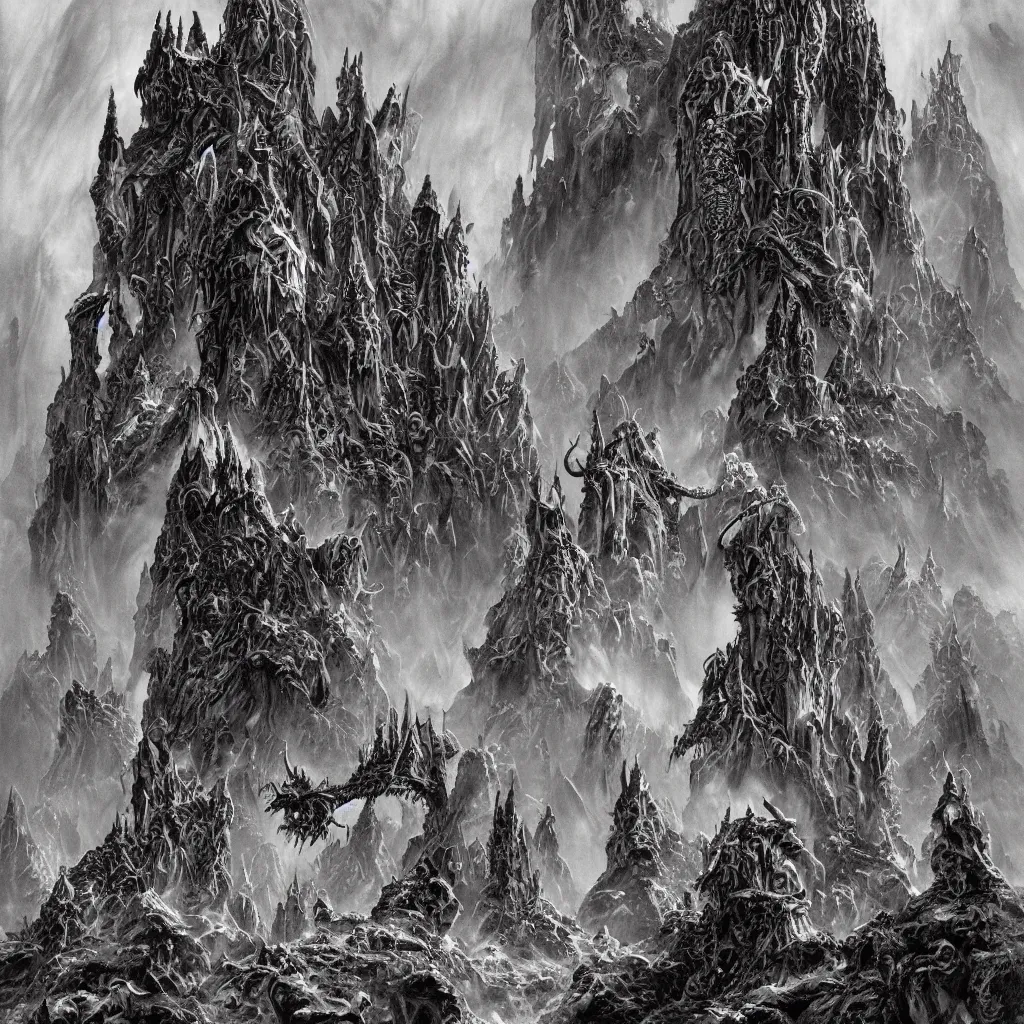 Image similar to dark alien castles, grotesque symmetrical towers and demonic tentacle dragon altars in the mountains of antarctica, upward cinematic angle, by rodney matthews, michael kaluta, stephen gammell and bill sienkiewicz, fantasy art, intense atmosphere, striking composition, ghost faces, monster statues, intricate, strange, ornate, digital art, hyperdetailed, colorful hyperrealism, blue and violet and snowy white color scheme, photorealism, 8k