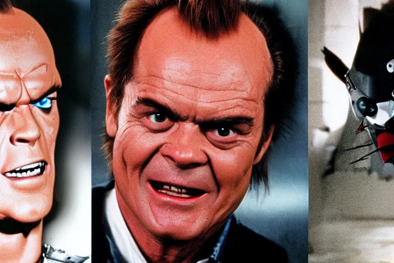Prompt: Jack Nicholson plays Pikachu Terminator, Terminator's endoskeleton gets exposed and his eye glows red