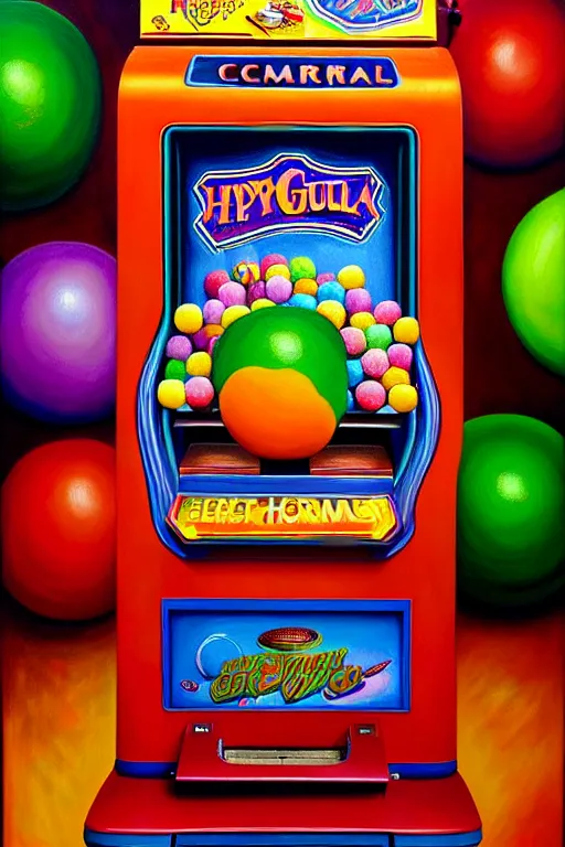 Image similar to a hyperrealistic painting of a gross gum ball machine with ugly prizes, cinematic horror by jimmy alonzo, the art of skinner, chris cunningham, lisa frank, richard corben, highly detailed, vivid color,