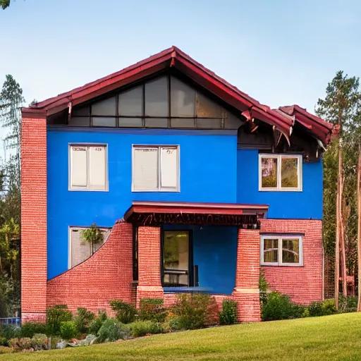 Prompt: tall 4 story house with blue wooden facade with dark red bricks on the roof in a valley