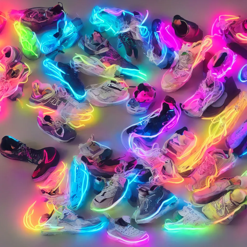 Prompt: new shoes inspired by final fantasy bright neon product photo 8k studio