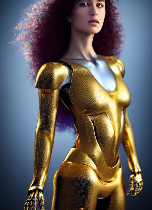 Prompt: a stunning young female cyborg made of gold, gemstones, diamonds, by pre - raphaelite brotherhood, unreal engine, glamor shot, nikon d 7 5 0, closeup, f / 2. 8, low contrast, 1 6 k, rim lighting, optical fiber, cinematic lighting, insanely detailed and intricate, hypermaximalist, elegant, ornate, hyper realistic,