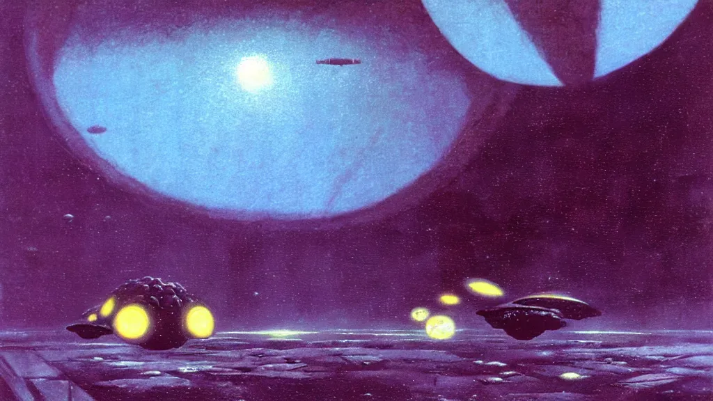 Image similar to eerie atmospheric alien planet with a small dropship pod landing by paul lehr and jack gaughan and john schoenherr, epic cinematic matte painting