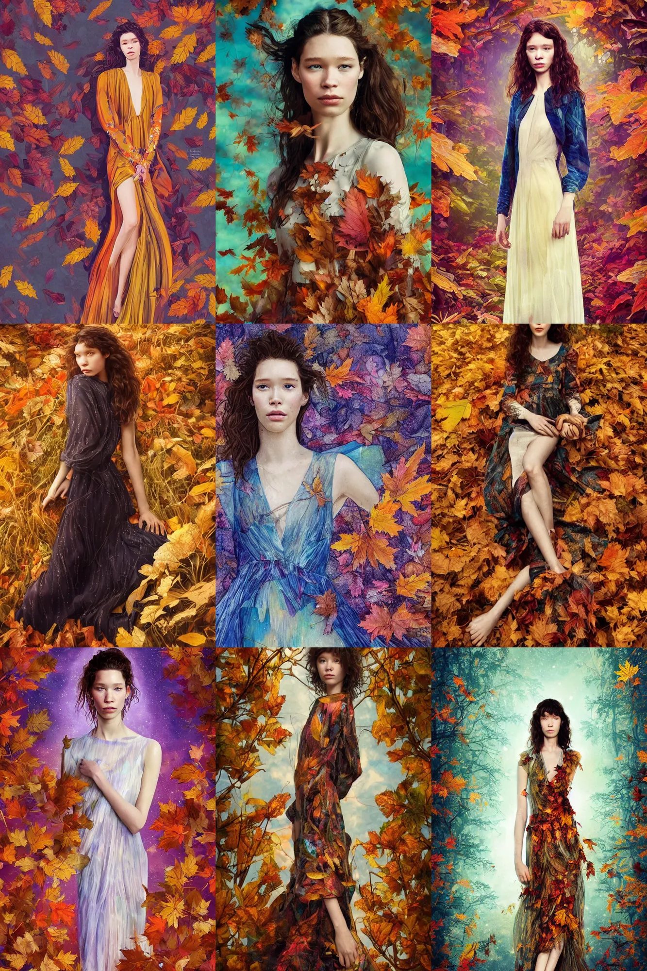 Prompt: masterwork full body illustration of astrid berges frisbey. digital illustration. wearing a dress made out of space. resting on a background of autumn leaves. fluid, dreamy, ethereal, vivid colours. sharp focus. highly detailed face. wow! digital art. cinematic lighting. painterly.