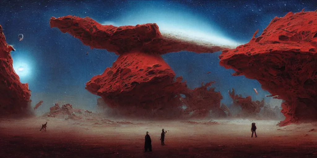 Image similar to supernova, neo brutalism space station, people wandering in the red desert, scarlet moon, dark atmosphere, tragedy, terror, stars, painted by steve mccurry, ruan jia, raymond swanland, lawrence alma tadema, zdzislaw beksinski, norman rockwell, jack kirby, tom lovell, alex malveda, greg staples