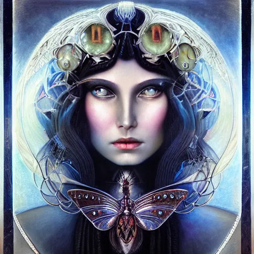 Image similar to beautiful closeup portrait of an art deco faerie queen, glowing eyes. reflective detailed textures, moth wings, highly detailed dark fantasy science fiction painting by tom bagshaw and michael whelan and diego rivera and annie swynnerton and jean delville, elaborate geometric ornament, ancient runes, silver and cool colors. artstation