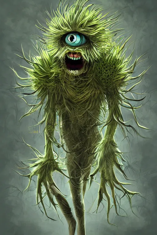 Image similar to a humanoid figure dandelion moss plant monster, large eyes and menacing smile, highly detailed, digital art, sharp focus, trending on art station, anime art style