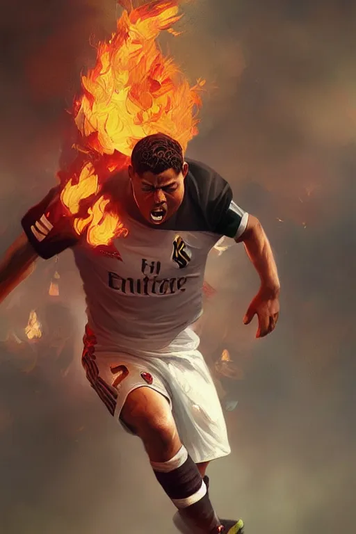 Image similar to ronaldo luis nazario da lima, screaming in the background of fire, football player, highly detailed, digital painting, artstation, concept art, smooth, sharp focus, illustration, art by artgerm and greg rutkowski and alphonse mucha