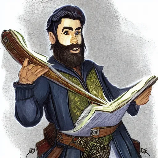 Image similar to Young bearded Tarski Fiume holding a scroll, half-elf Time Wizard, iconic character art by Wayne Reynolds for Paizo Pathfinder RPG