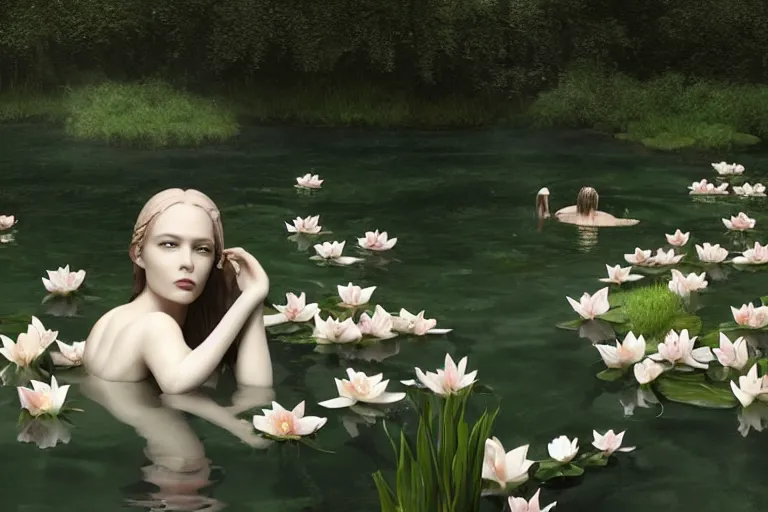 Image similar to hyperrealistic cinematic 3 d scene of a woman's porcelain face floating in a pond, surrounded by a forrest of lillies, deep focus, intricate, elegant, highly detailed, matte, sharp focus, by bill henson and gregory crewdson and james jean and daniel arsham