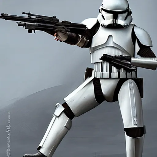 Image similar to an extremely long shot of an imperial stormtrooper in battle position ready to shoot his blaster concept art by Doug Chiang cinematic, realistic painting, high definition, very detailed, extremely high detail, photo realistic, concept art, the Mandalorian concept art style