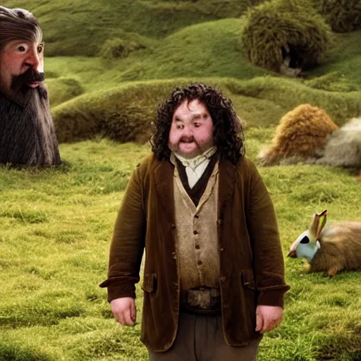 Image similar to Bartook a twenty-something hobbit with short curly dark brown hair who is slightly overweight standing next to a giant rabbit, high resolution film still, movie by Peter Jackson