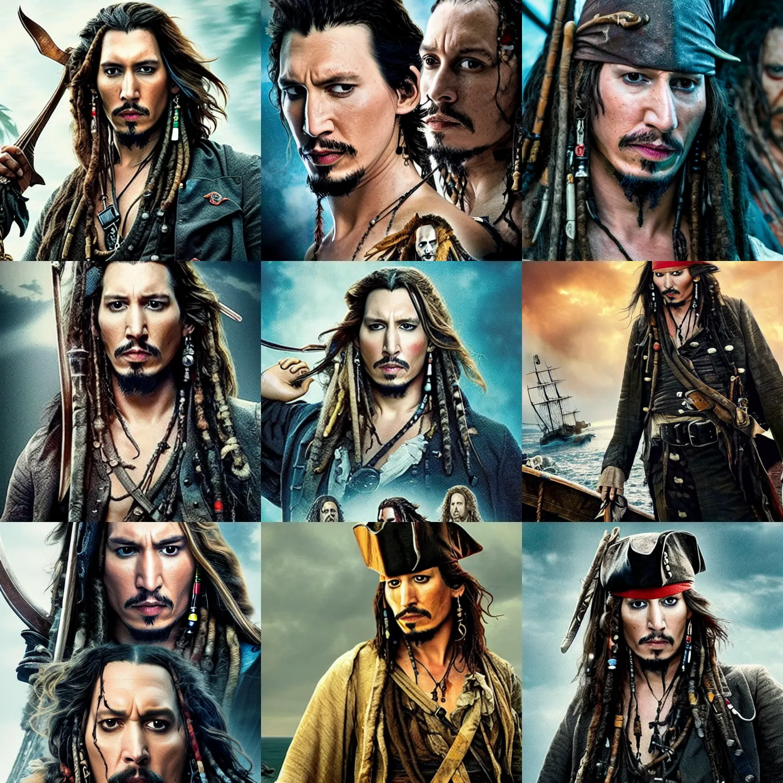 Prompt: adam driver replacing johnny depp in the lead role in pirates of the caribbean ( 2 0 2 4 ) film poster