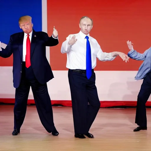 Prompt: Donald Trump and Vladimir Putin dancing to hip hop music