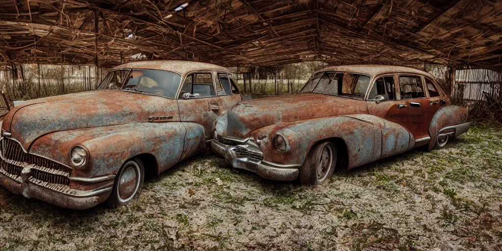 Prompt: Photograph of an abandoned rusty 1950's Buick in a barn, covered with cobweb and dusts, diffuse lighting, crepuscular rays, realistic octane render, 8k, ultra detailed close up