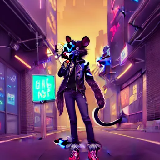 Image similar to beautiful furry digital art portrait commission of an androgynous furry anthro rat fursona wearing punk clothes in the streets of a cyberpunk city. neon signs. character design by charlie bowater, ross tran, artgerm, and makoto shinkai, detailed, inked