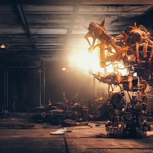 Image similar to cutlery mecha, dark messy smoke - filled cluttered workshop, dark, dramatic lighting, orange tint, cinematic, highly detailed, sci - fi, futuristic, movie still