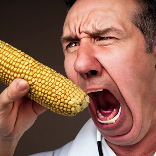 Image similar to extremely detailed portrait closeup of a doctor angrily yelling at a corncob, bloodshot teary eyes and immense anger