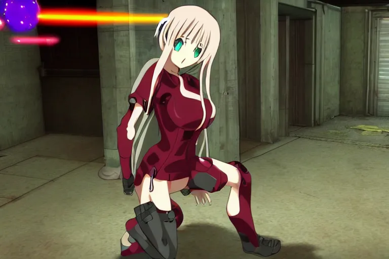 Prompt: an clothed anime girl in a screenshot of the video game doom, the anime girl is crouching