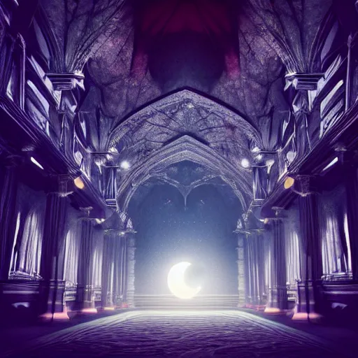 Prompt: large gothic hall with a large moon on the ceiling, cyberspace, soft light, art station, detailed, colorful, symmetrical