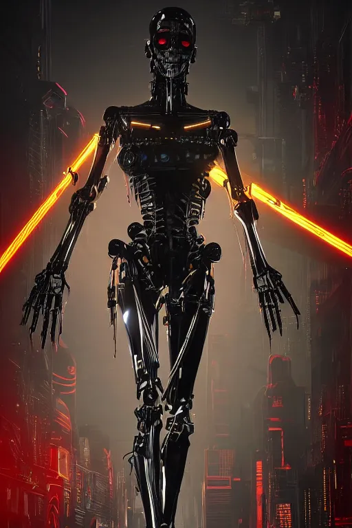 Prompt: skeletal black mecha (carbon fiber) cyberpunk 2077 long limbs black panels reflective. Skeletal face android face one eye ((glowing_red_eye)) exposed wiring cable wire harness RTX On UE5 Artstation Bladerunner 2049 scene