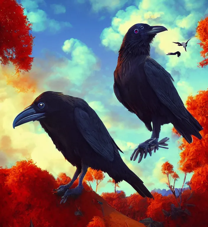 Prompt: raven bird, puma puffy clouds, james jean style, vfx art, unreal engine render, claymation style, colourful, volumetric light, digital painting, digital illustration, dramatic light,