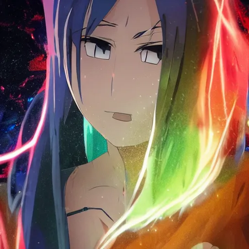 Image similar to rimuru tempest from that time i got reincarnated as a slime, with long blue hair in a ponytail, with bangs, pale skin, yellow eyes, fully clothed in red robes, highly detailed, 8 k, octane render, professional portrait, realistic, rainy window, volumetric lighting, water droplets frozen in time, sprites, god rays,