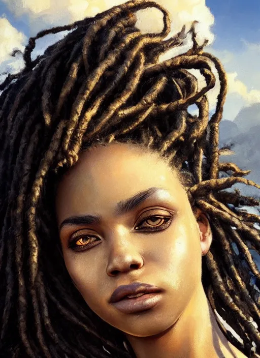 Image similar to girl with black dreadlocks, beautiful highly detailed face, complementary lighting, backlit, black eyeshadow, grinning, adventure, dramatic lighting, landscape background, beautiful painting by artgerm and greg rutkowski and raymond swanland