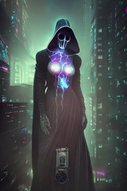 Prompt: wow! 3 / 4 stunning photorealistic portrait of a female plague doctor with a nebula aura in a kowloon! cyberpunk cityscape, bioluminescent bodysuit, acid rain, dark scifi, by artgerm and sorayama and alphonse mucha, ultrarealistic, hyperdetailed, trending on artstation, octane render