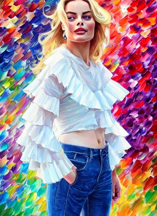 Image similar to margot robbie, frilly blouse, jeans, half body shot, path traced, highly detailed, high quality, digital painting, alena aenami, leonid afremov, lilia alvarado, shinji aramaki, karol bak, alphonse mucha, tom bagshaw