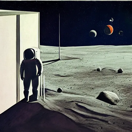 Prompt: lonely astronaut on the moon, in the style of edward hopper, in the style of bonestell, chesley