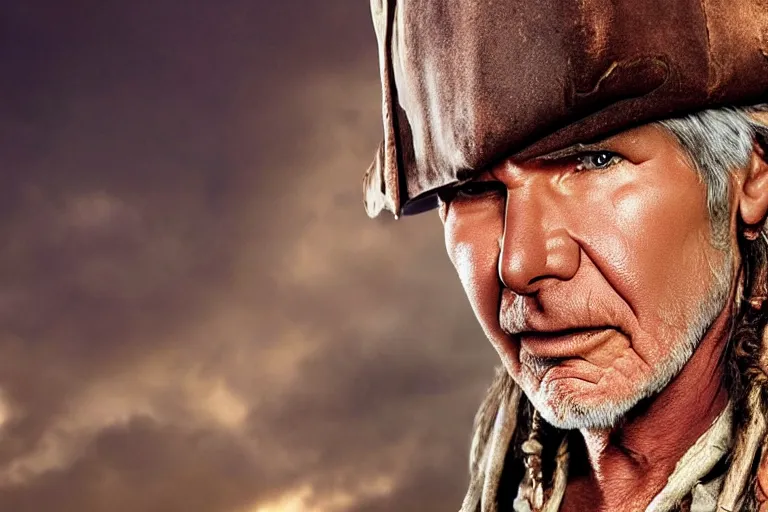 Image similar to promotional image of Harrison Ford as a pirate in the new Pirates of the Carribean movie, realistic, detailed face, movie still frame, promotional image, imax 70 mm footage