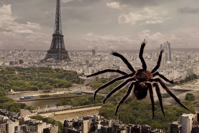 Image similar to film still of a tarantula climbing the eiffel tower in the new godzilla charlotte's web crossover movie