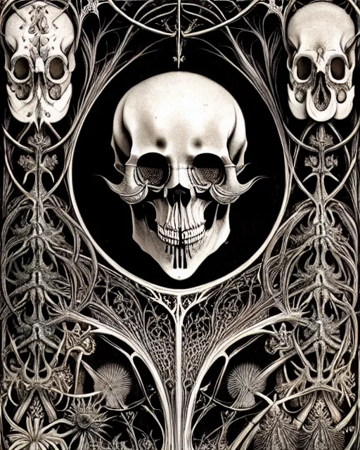 Image similar to art forms of nature by ernst haeckel, memento mori by arthur rackham, ornate antique porcelain beautiful skull mask, ultrasharp, photorealistic, hyperdetailed, octane render, polished, art nouveau, neo - gothic, gothic, intricate ornamental organic filigree, art nouveau botanicals, art forms of nature by ernst haeckel, horizontal symmetry, symbolist, visionary