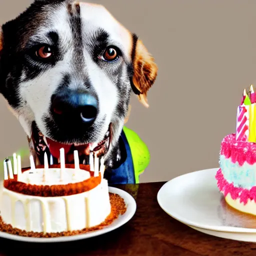 Image similar to a realistic photo of a dog eating a birthday cake