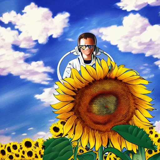 Prompt: a portrait of a sad astronaut in a field of sunflowers, the sky is blue with anime style clouds, painting, 4k,
