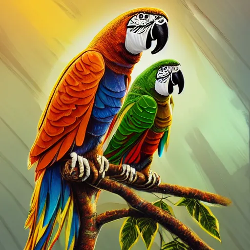 Prompt: parrots wearing golden rings and necklaces, with rap cap on head, rapping and sitting on golden trees, rap scene, musical concert concept art, trending on artstation, highly detailed, digital art, 8 k