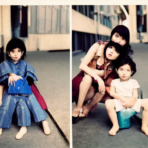 Prompt: photoshoot of friendly cyclops lookbook in Tokyo, color film photography, portrait of a beautiful family in style of Doisneau, 35mm, ektachrome