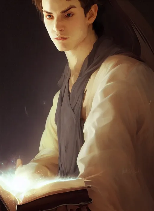 Prompt: character concept portrait of an attractive young focused Spanish wizard with pale orange skin enchanting a blazing spell, a floating iridescent spell book in the center, intricate, elegant, digital painting, concept art, smooth, sharp focus, illustration, from Metal Gear, by Ruan Jia and Mandy Jurgens and William-Adolphe Bouguereau, Artgerm